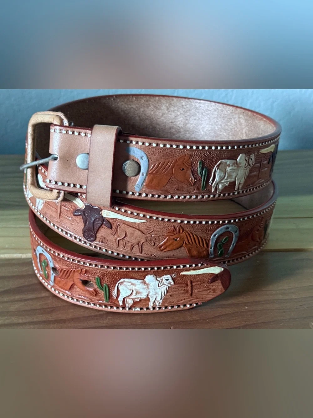 Vintage Western Tooled Leather Belt Size 42 Horse Cow Cactus Horseshoe 48in